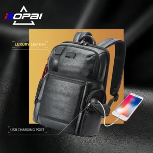BOPAI custom high quality travel cowhide work usb charging back pack 15.6 inches laptop compartment genuine leather men backpack