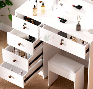 Juego de tocador blanco <span class=keywords><strong>con</strong></span> <span class=keywords><strong>espejo</strong></span> LED, escritorio, silla, 5 cajones y gabinete, 3 modos de iluminación - Product Image 4