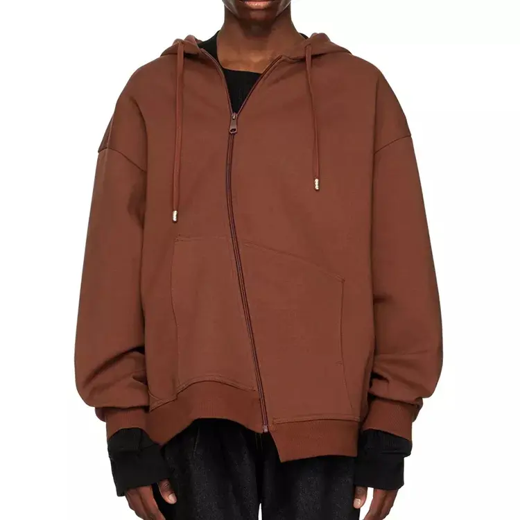 Asymmetric mens full zip up cotton hoodies stylish custom drawstring hooded jackets