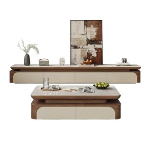 Modern Minimalist Coffee Table <b>Set</b> With Storage 1.3M <b>Square</b> Top For Living Room Chinese Style Cream Wood Finish - Product Image 5