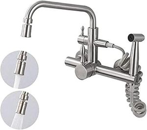 <span class=keywords><strong>Robinet</strong></span> de cuisine mural, <span class=keywords><strong>robinet</strong></span> d'eau froide et chaude 360° °   avec pistolet pulvérisateur, évier en acier inoxydable 304, multifonctionnel, brossé - Product Image 1
