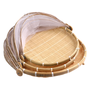 <span class=keywords><strong>Cesta</strong></span> de Picnic Redonda de Bambú con Cubierta de Malla, Carpa para Servir Alimentos <span class=keywords><strong>a</strong></span> Prueba de Polvo para Almacenamiento de Verduras - Product Image 1