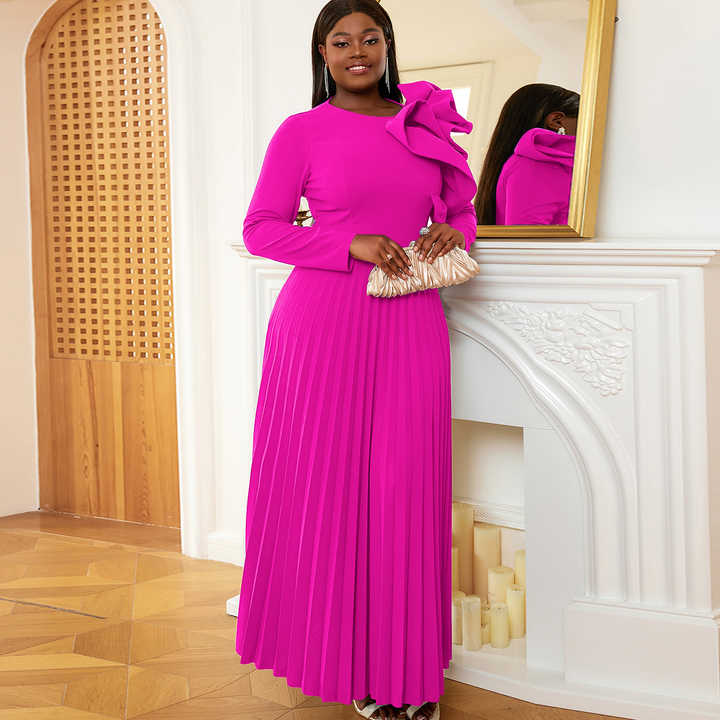 green emerald velvet dress Suzannah London | Hot Pink Stretch Crepe Midi Length Long Sleeve Halley Dress | Luxury Evening Dress main image 1