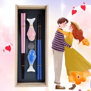 Set de Regalo de Boda: 2 Pares de Palillos de Madera, 2 Soportes de Cerámica con Forma de Ballena, Ecológicos, Modernos y de Lujo, en Caja de Madera Azul y Rosa, para Él y Ella - Product Image 5