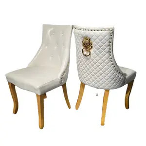 Grosir desain kisi belah ketupat Eropa kursi makan kulit putih berkaki empat kayu solid nyaman