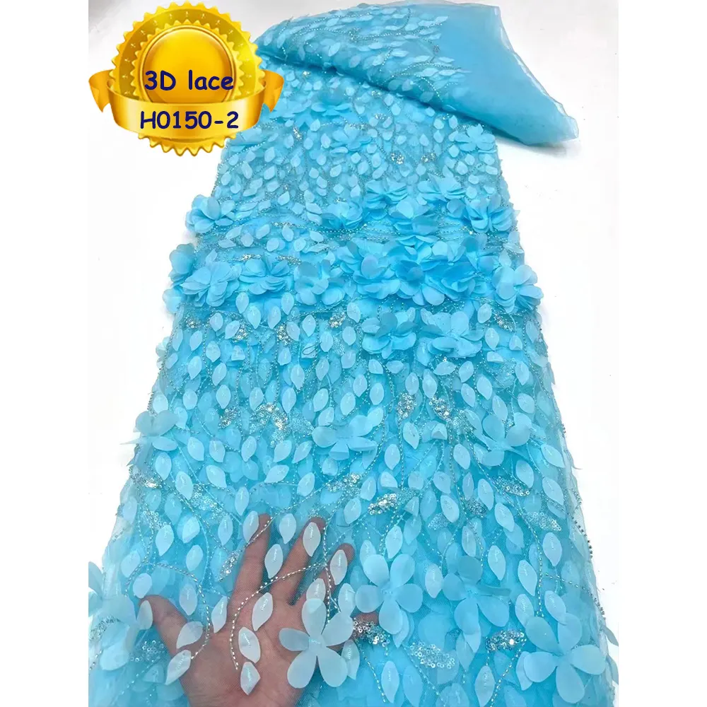 5 Yards High Quality Blue Color 3D Flower Tulle Lace Applique with Beaded Bridal Lace Fabric