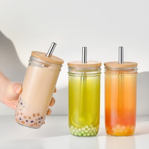 批发720毫升24盎司玻璃罐，带竹盖和金属吸管，可重复使用冰可乐杯 - Product Image 1