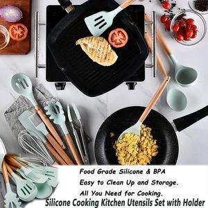 New Custom Marble Speckled <b>Silicone</b> Kitchenware Wooden Handle Cooking Utensil Set - Product Image 2