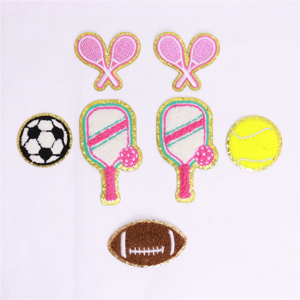 Gold Glitter Chenille Patches Adhesive Iron on Sports Gameday Football Soccer Pickleball Tennis Racket Patch Embroidery Patches
