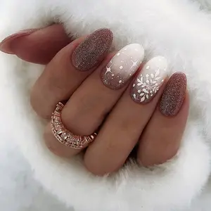 Date Red Gradient Snow Flake Glitter Manicure Easily Wear False Nails Christmas Finished Glue Style False Nails Wholesale