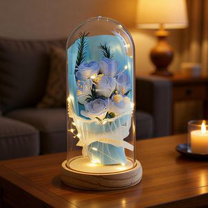 Lampe à sangle en forme de rose, fleur éternelle lumineuse, bouquet de savon parfumé sous cloche en verre, ornement pour la fête des Mères et la Saint-Valentin - Product Image 4