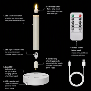 Prêt à expédier : Lot <span class=keywords><strong>de</strong></span> 6 bougies LED coniques à flamme vacillante 3D, rechargeables, avec télécommande et minuterie, et base <span class=keywords><strong>de</strong></span> charge, pour mariage - Product Image 2