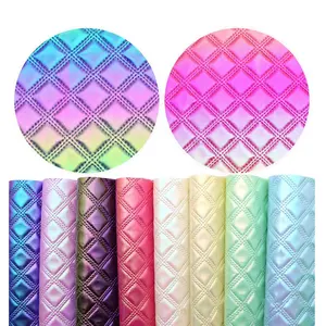 0.8MM Gradient Rainbow Imitation Embroidery Checkered Woven Pattern PVC Faux Synthetic Leather Fabric For Bags Luggage