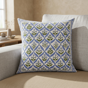 Fabricrush Coastal Blue Floral 100% Cotton Western Style Block Print Customizable Cushion Covers for Couch <b>Sofa</b> <b>Bed</b> Home Decor - Product Image 3
