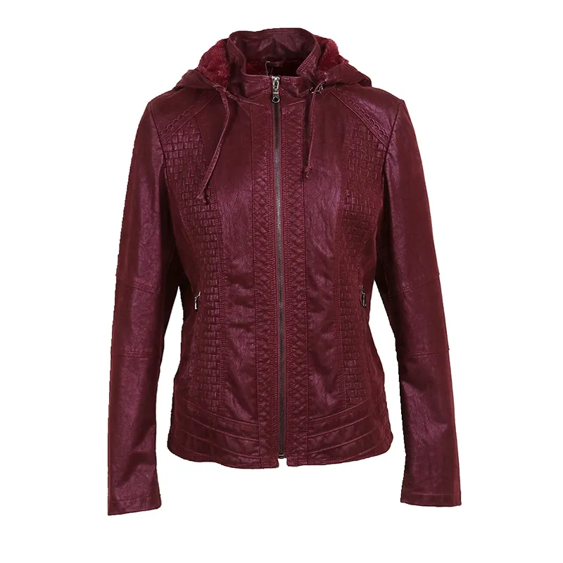 New design high quality cool sport leather jacket with hood for women