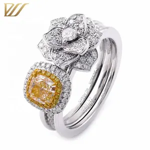 Grupo anillos de doble uso anillo de dama con Earl y flor de corte diamante Natural 18K oro blanco anillo de compromiso