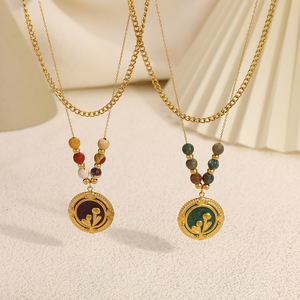 Collier pendentif plaqué or double couche avec chaîne de perles florales et médaillon rond pour femme, bijoux de mode - Product Image 2