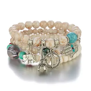 Factory Direct Sales Layer Elephant Pendant Womens Glass Beads Bracelet Set Fashion Boho Tower Charms Couple Bracelet