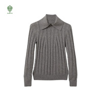 Großhandel Maßgefertigter Luxuriöser Extra Weicher Langarm-Pullover mit Polokragen Grauer Grob Gerippter 100% Wolle-Kaschmir Strickpullover für Damen
