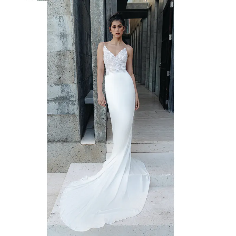 2022 Elegance Spaghetti Strap v neckline Silk mermaid wedding dress bridal gown