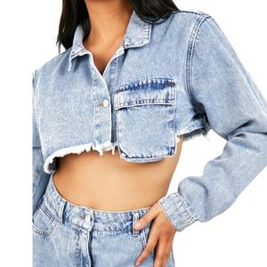 Nouvelle conception, logo personnalisé, chemises en jean à manches longues pour femmes, effet délavé, ourlet effiloché, chemise cargo courte - Product Image 1