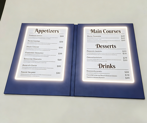 Menu personnalisé en cuir PU de luxe avec éclairage LED, double page, rechargeable, menu éclairé par LED - Product Image 1