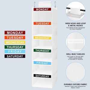 Weekly Clothes Organizer 6 Shelf Hanging Closet <b>Storage</b> For Kids With Labeled Days And Side Pockets For Outfit Planning - Product Image 4