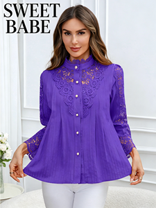 Camisa de Punto con Encaje para Mujer, Primavera/Verano 2026, Estilo Casual para Oficina, Manga Larga, Corte Regular - Product Image 1