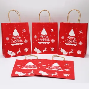 Christmas Theme Red Paper Shopping Gift Bag With Handle For Christmas Greeting Candies Gifts Packaging