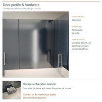 Meuble de cuisine en acrylique au design contemporain, aménagement en U, dimensions personnalisées, boîtes en panneaux de particules et rangements extractibles