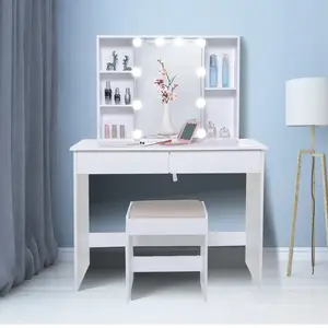 Luxury Bed Furniture Storage Makeup Drawer Cabinet Dressing Table With LED Lighted Mirror
