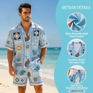 Ensemble 2 pièces pour homme, col camp, séchage rapide, imprimé mosaïque méditerranéenne, personnalisé en usine, pour vacances d'été - Product Image 3