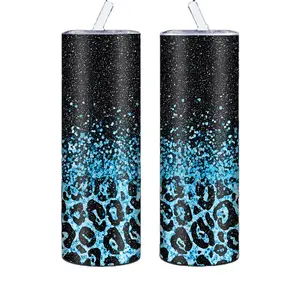 Blue Ombre Leopard Glitter Skinny Tumbler 20oz Cheetah Sublimation Animal Print Insulated Water Bottle Valentine's Day Gift