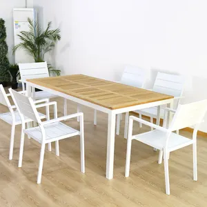 Mesa de madera de teca para restaurante al aire libre, muebles de patio y jardín, mesa de marco de metal, juegos de comedor de aluminio