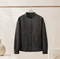 Veste en cuir d'agneau véritable pour femme, col rond, boutonnée, coupe courte, poches plaquées, style vintage