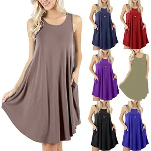 Fashionable and Sweet European and American Summer Sleeveless Pocket Casual Tank Top T-shirt Large Swing Dress