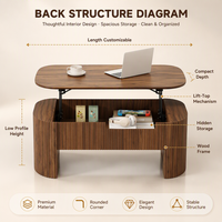 Table basse ovale relevable avec étagère de rangement pour salon, table relevable rustique de style mid-century