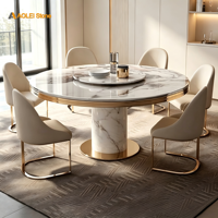 Table à manger de luxe en marbre blanc 8 places, design moderne, base sur piétement à bord doré, durable, imperméable, portable pour appartement et hôtel