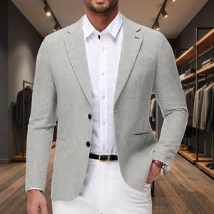 Blazer gris clair pour homme, simple boutonnage, col cranté, style italien, en coton, respirant, coupe classique - Product Image 2