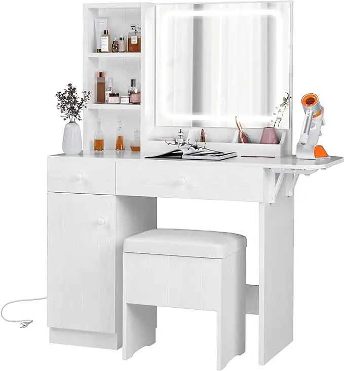 Lavabo con LED illuminato specchio e presa di corrente, tavolo per il trucco con cassetti e armadio, sgabello, per camera da letto, bianco