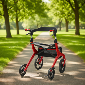Déambulateur pliant à 4 roues, léger, avec poignée réglable, pour la mobilité en extérieur, rouge - Product Image 2