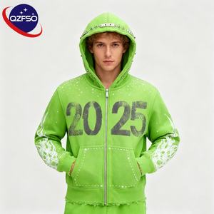 QZFSO impression personnalisée Vintage lavé à l'acide polaire français éponge lourd épais veste à glissière cristal strass fermeture éclair à capuche hommes - Product Image 1