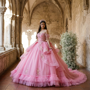 Vestido de Quinceañera Rosa de Lujo Moderno Xs238 con Cuello Barco, Espalda con Cordones, Lazo y Aplicaciones de Cristal, Largo hasta el Suelo, Estilo Princesa para Mujer - Product Image 1