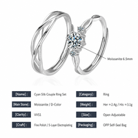 Ensemble de bagues ajustables en moissanite pour couple, 0,1 ct, couleur D, VVS, coupe 3EX, plaqué rhodium S925, bijoux de promesse de mariage pour homme et femme