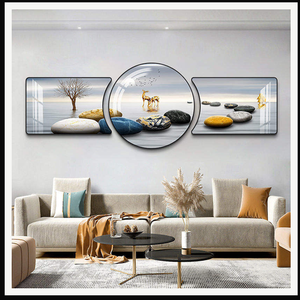 Tableau mural abstrait en cristal à trois panneaux, paysage or <span class=keywords><strong>et</strong></span> bleu, montagne, pour salon, hôtel, intérieurs modernes <span class=keywords><strong>et</strong></span> luxueux - Product Image 3