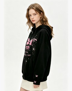 <span class=keywords><strong>Felpa</strong></span> con Cappuccio e Zip per Donna, Oversize con Stampa Grafica e Ricamo a Farfalla, Casual con Zip Intera - Product Image 3