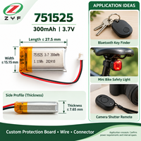Batterie Li-Polymère OEM ODM 751525 300mAh 3.7V avec PCM pour Appareil de Beauté Portable, Soins de la Peau et Appareil de Massage Facial