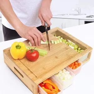 竹制切菜板，带4个托盘/带竹盖的抽屉，用于切片奶酪、水果、蔬菜和肉类