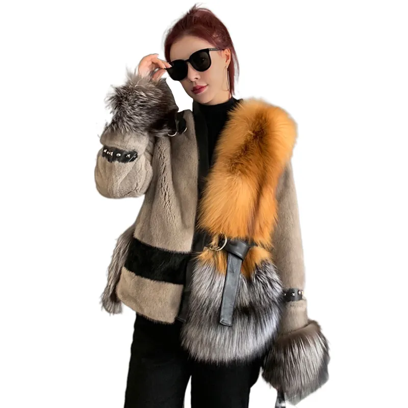 Mùa Đông Thời Trang Lady Bất Mink Fur Coat Với Sang Trọng Bạc Fox Fur Trên Dưới Tự Nhiên Red Saga Fox Fur Coats