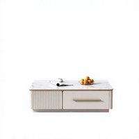 Ensemble Table Basse et Meuble TV en Bois Massif avec Plateau en Quartz Crème, Style Luxe Léger et Minimaliste Moderne, Meubles de Salon
